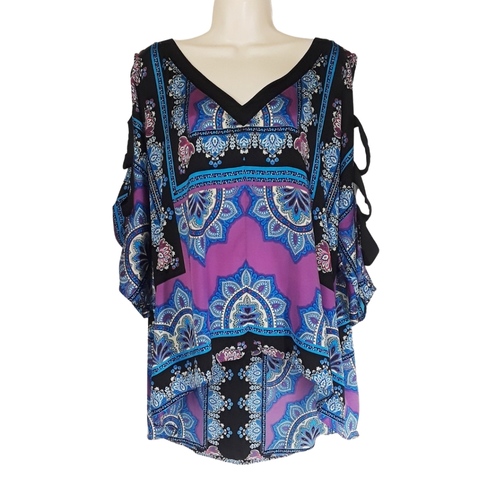 NICOLE MILLER Blue Black Paisley Print Cold Shoulder Ladder Cut Top XL